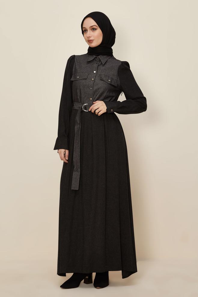 Hijab clothing BLACK BELTED SHIRT COLLAR DRESS 46052 - ALVİNA