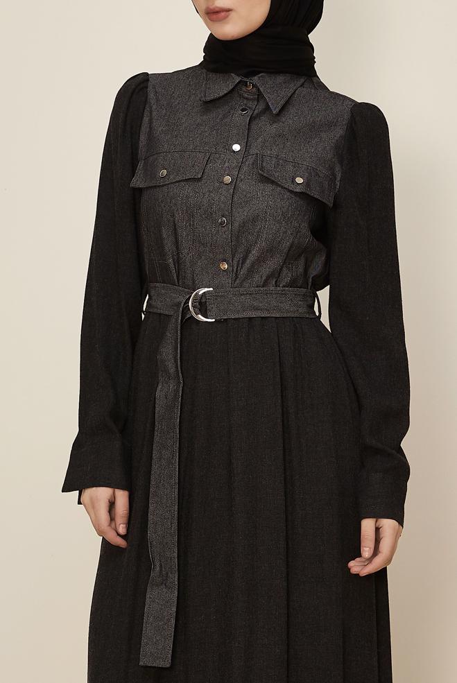 Hijab clothing BLACK BELTED SHIRT COLLAR DRESS 46052 - ALVİNA