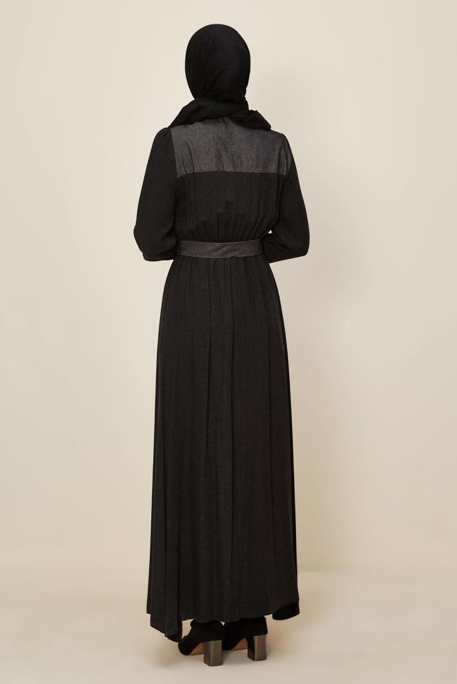 Hijab clothing BLACK BELTED SHIRT COLLAR DRESS 46052 - ALVİNA