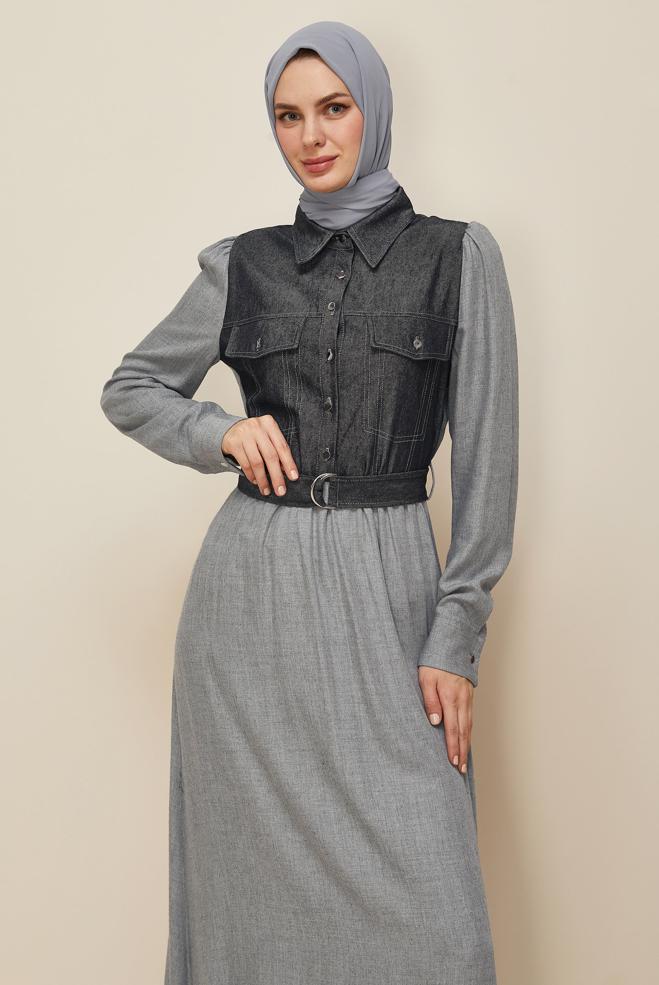 Tesettür giyim GRİ 46052 ARENDAL 70037 ELBİSE 38-44 TEK42 - ALVİNA
