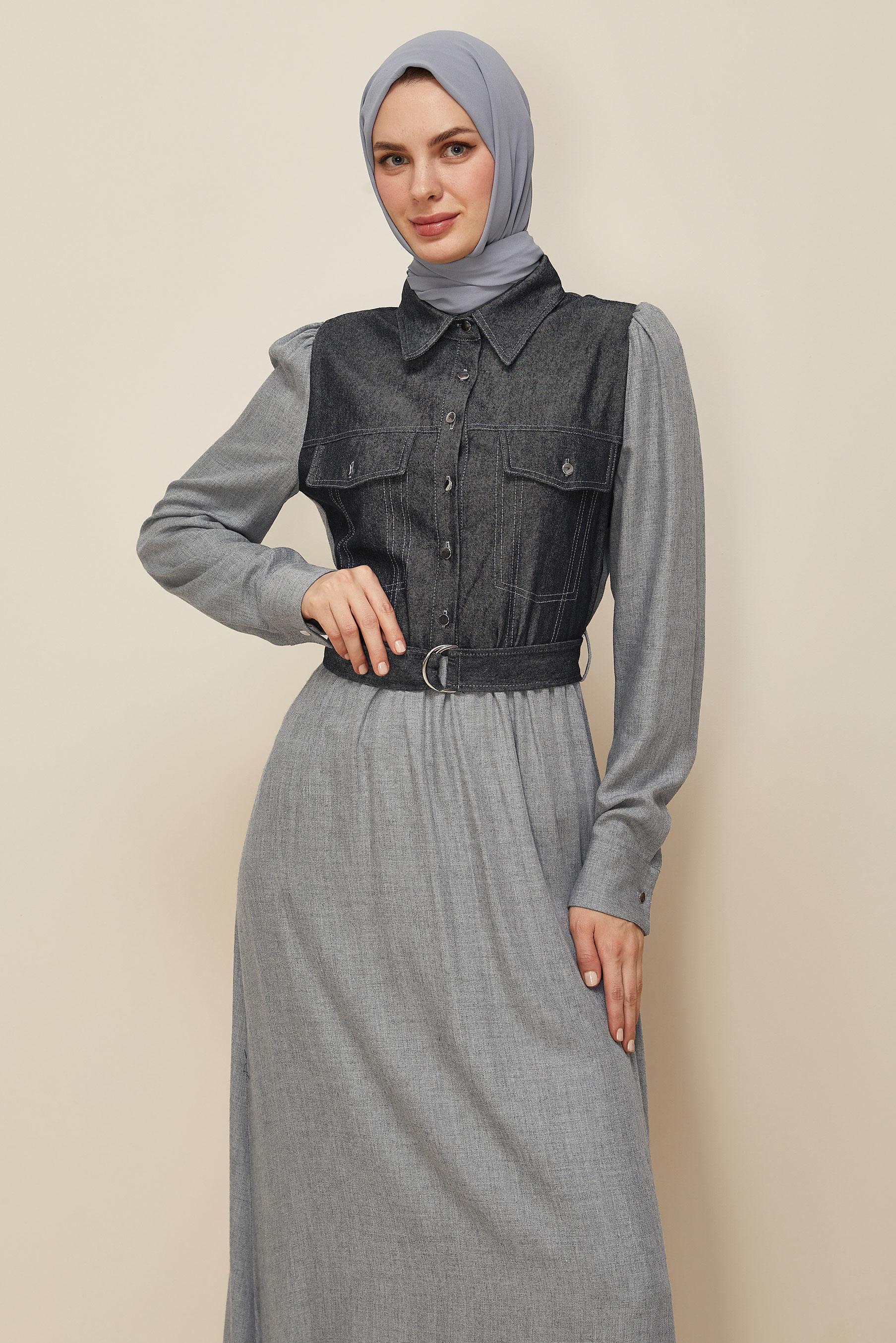 Tesettür giyim GRİ 46052 ARENDAL 70037 ELBİSE 38-44 TEK42