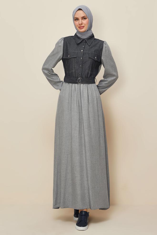 Tesettür giyim GRİ 46052 ARENDAL 70037 ELBİSE 38-44 TEK42 - ALVİNA