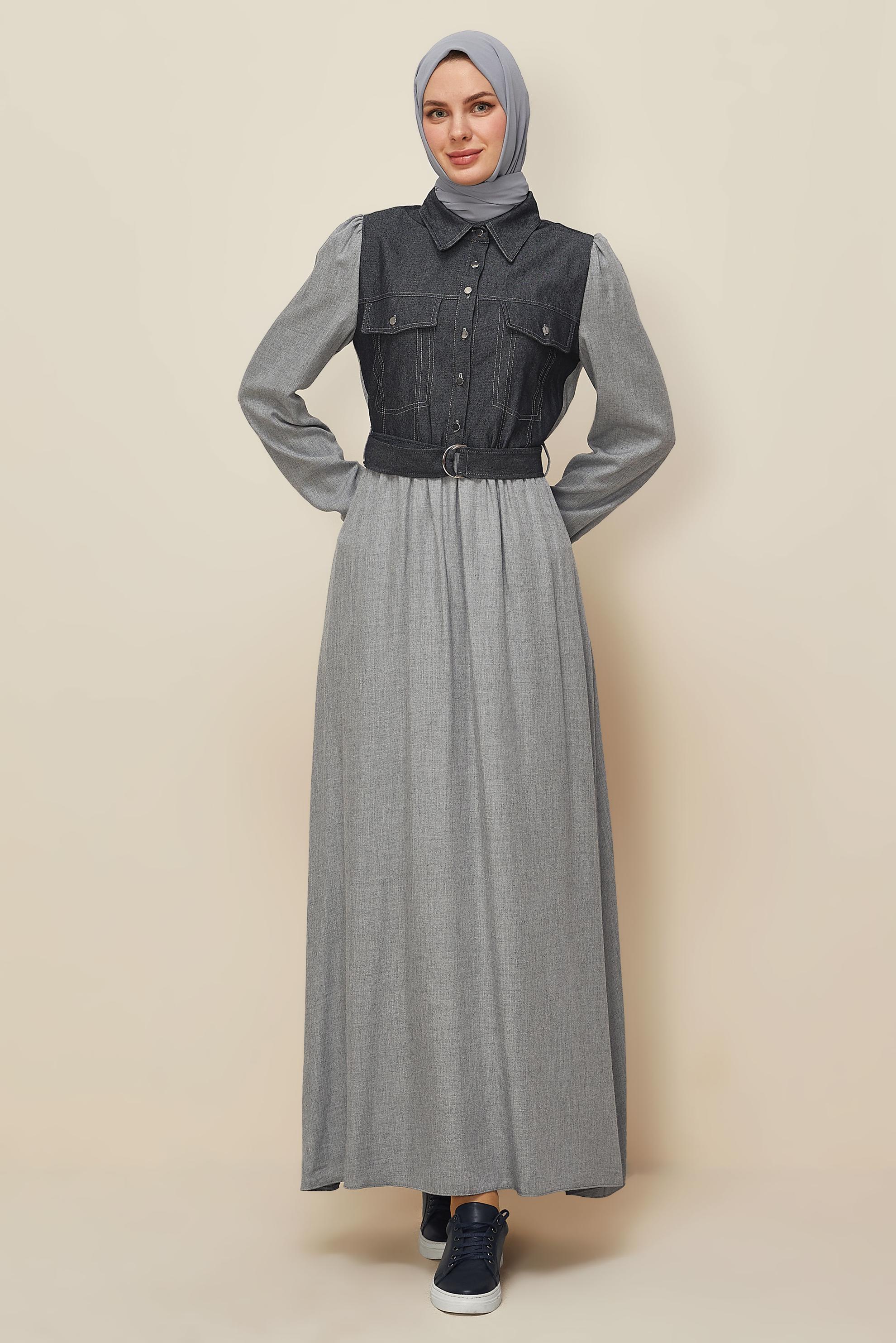Tesettür giyim GRİ 46052 ARENDAL 70037 ELBİSE 38-44 TEK42