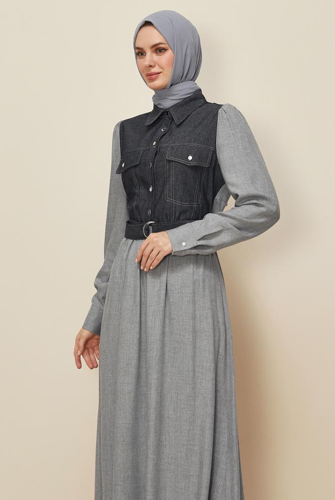 Tesettür giyim GRİ 46052 ARENDAL 70037 ELBİSE 38-44 TEK42 - ALVİNA