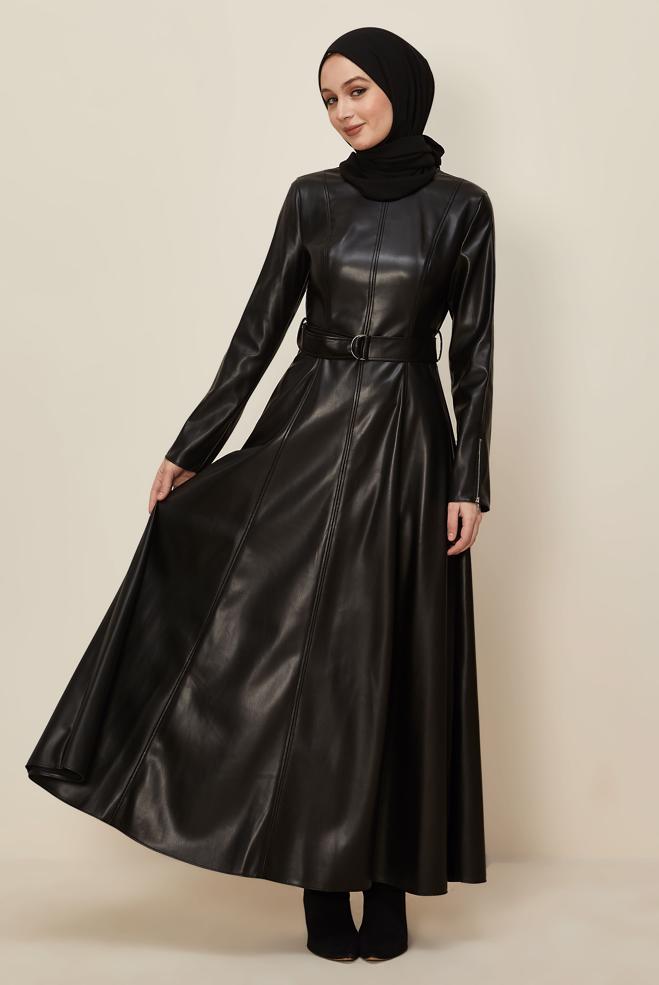 Tesettür giyim SİYAH 46062 ZARA DERİ ELBİSE 38-44 TEK 40 - ALVİNA