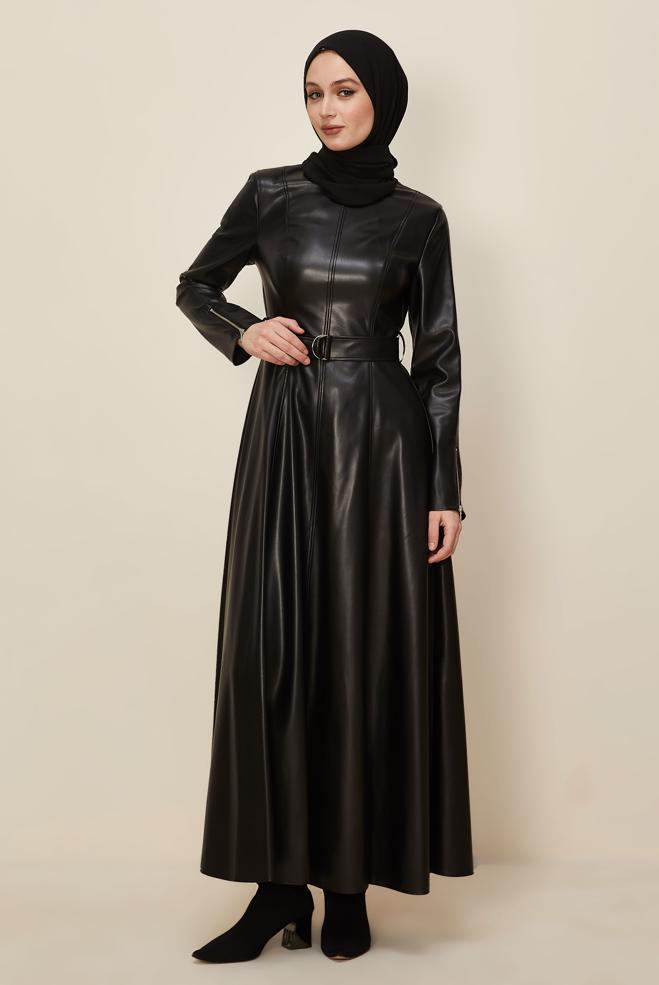 Tesettür giyim SİYAH 46062 ZARA DERİ ELBİSE 38-44 TEK 40 - ALVİNA