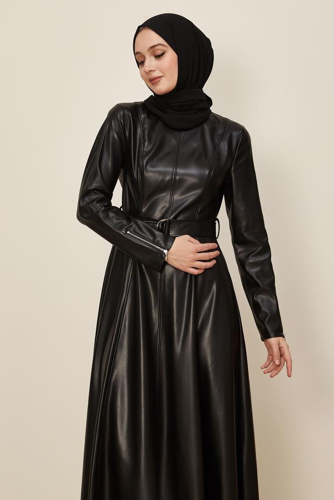 Tesettür giyim SİYAH 46062 ZARA DERİ ELBİSE 38-44 TEK 40 - ALVİNA
