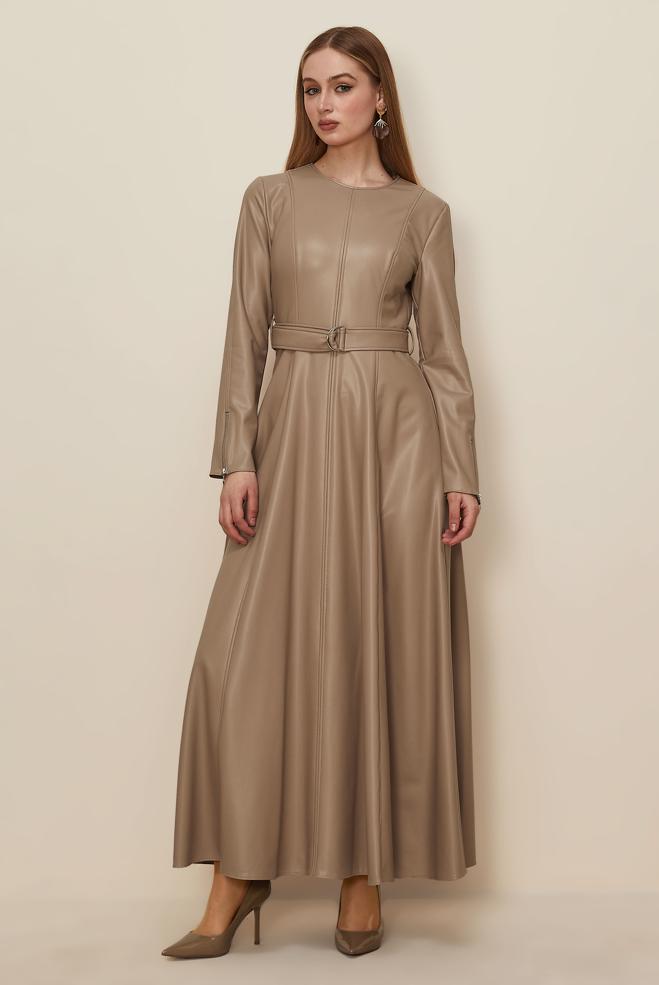 Tesettür giyim BEJ 46062 ZARA DERİ ELBİSE 38-44 TEK 40 - ALVİNA