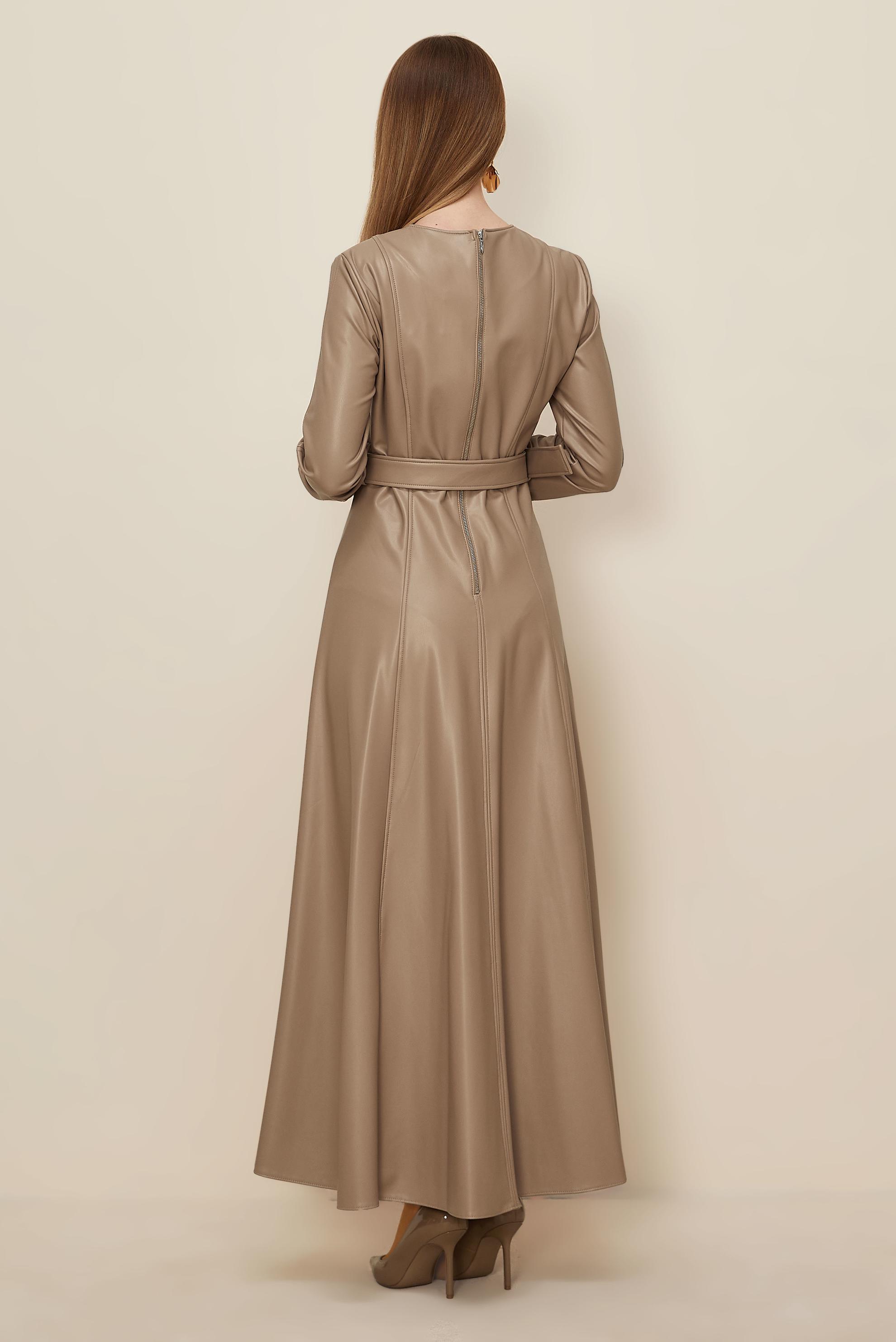 Tesettür giyim BEJ KEMERLİ SUNİ DERİ ELBİSE 46062