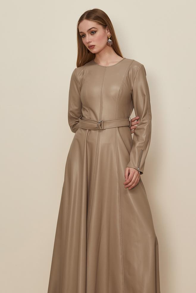 Tesettür giyim BEJ 46062 ZARA DERİ ELBİSE 38-44 TEK 40 - ALVİNA