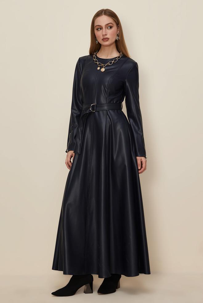 Tesettür giyim LACİVERT 46062 ZARA DERİ ELBİSE 38-44 TEK 40 - ALVİNA