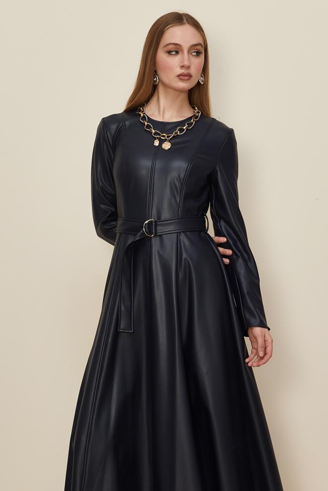 Tesettür giyim LACİVERT 46062 ZARA DERİ ELBİSE 38-44 TEK 40 - ALVİNA
