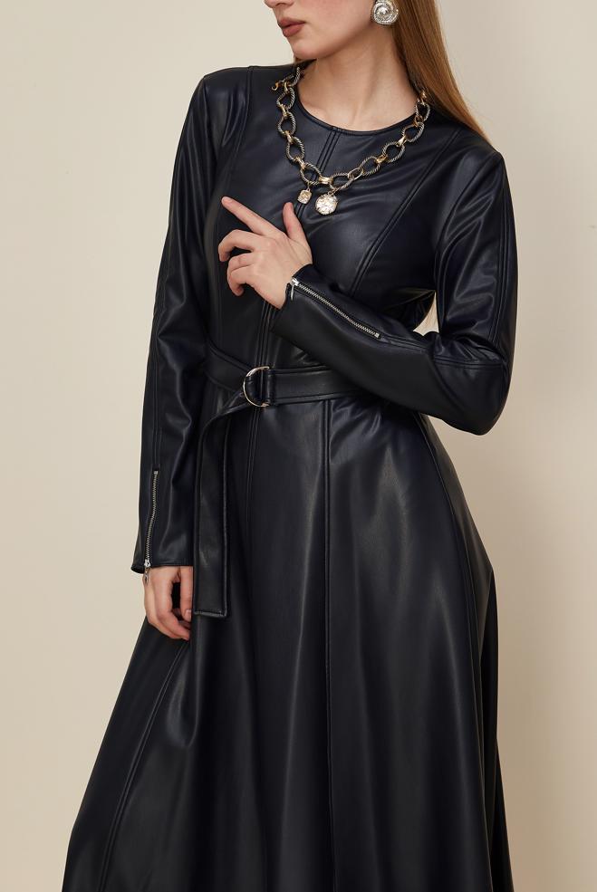 Tesettür giyim LACİVERT 46062 ZARA DERİ ELBİSE 38-44 TEK 40 - ALVİNA