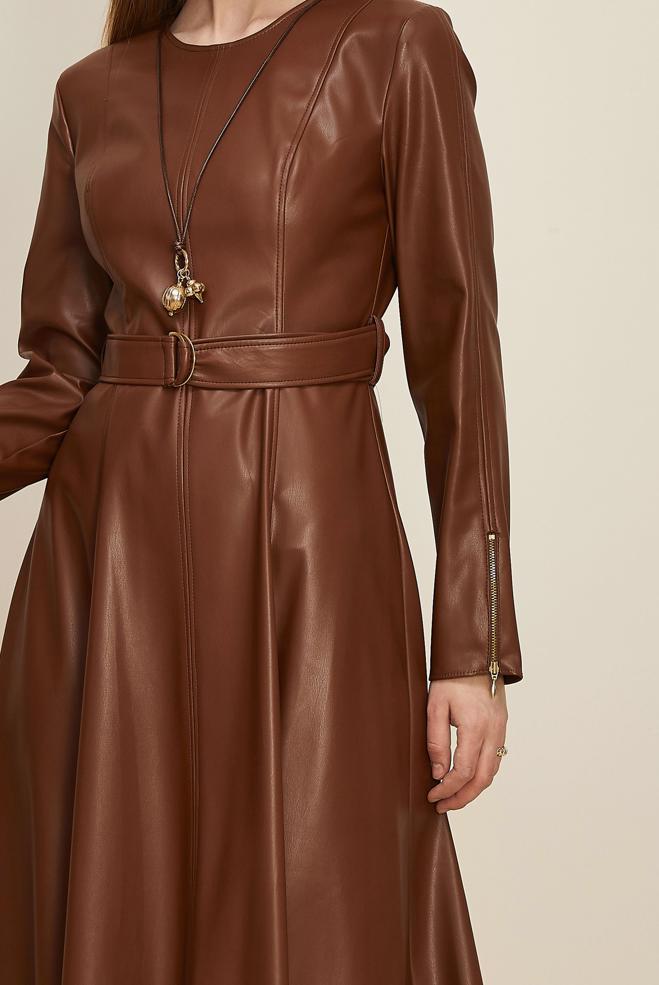 Tesettür giyim TABA 46062 ZARA DERİ ELBİSE 38-44 TEK 40 - ALVİNA