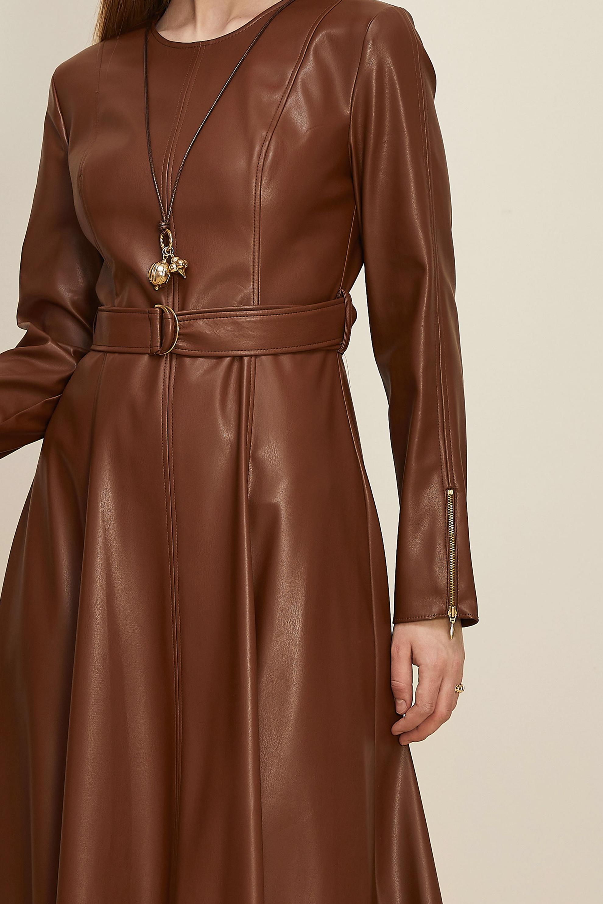 Tesettür giyim TABA KEMERLİ SUNİ DERİ ELBİSE 46062