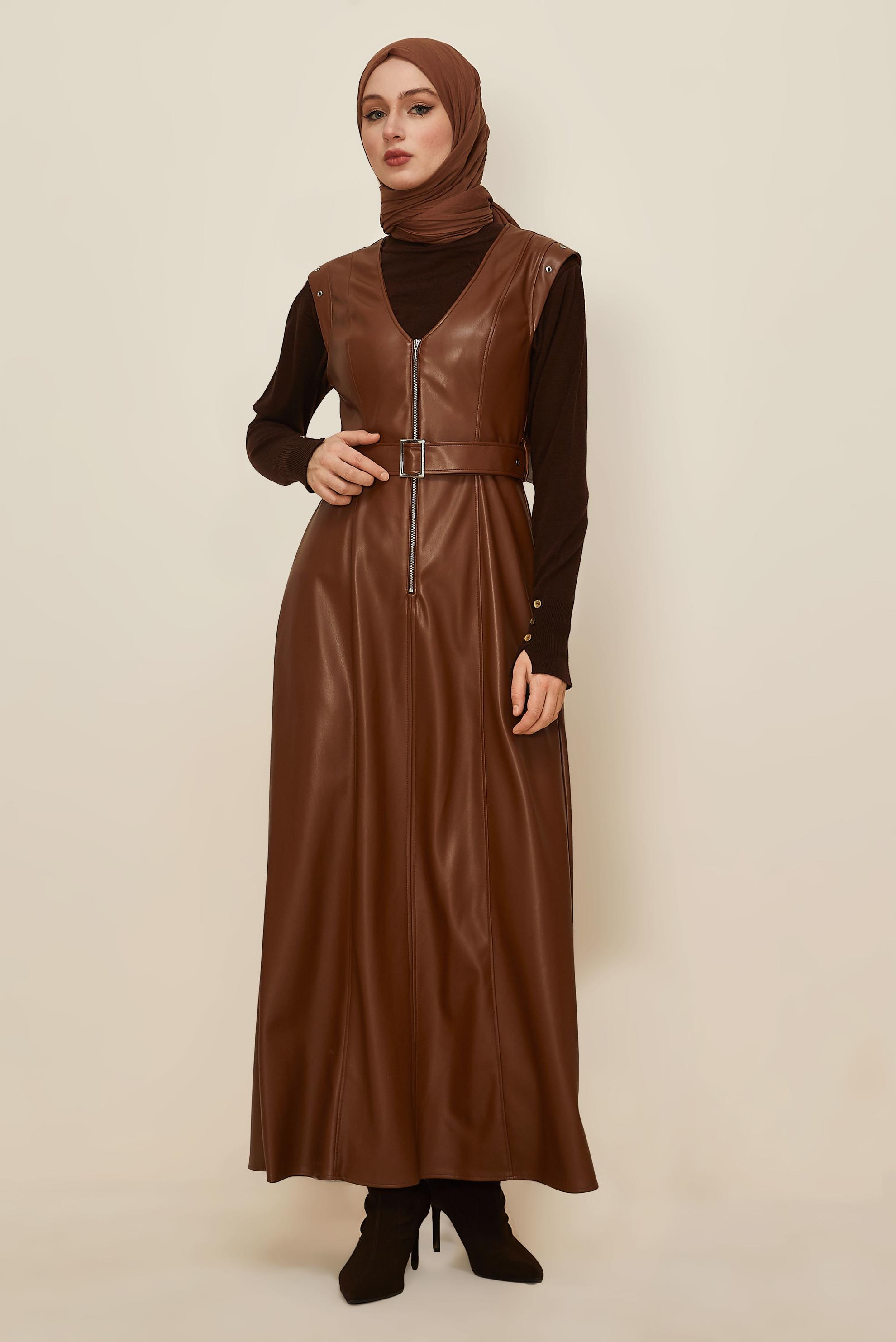Hijab clothing TABA BELTED FAUX-LEATHER PINAFORE DRESS 46083