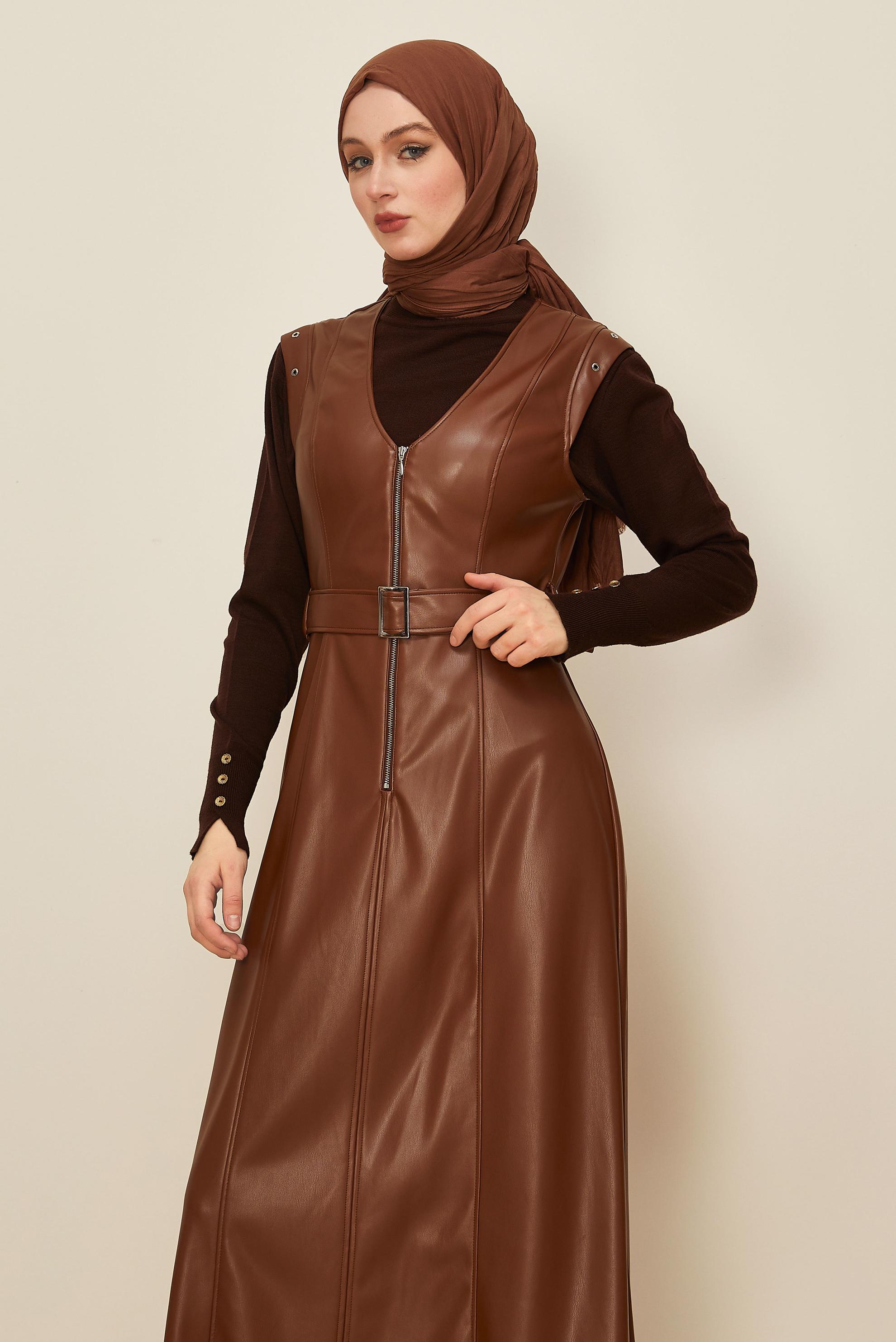 Hijab clothing TABA BELTED FAUX-LEATHER PINAFORE DRESS 46083