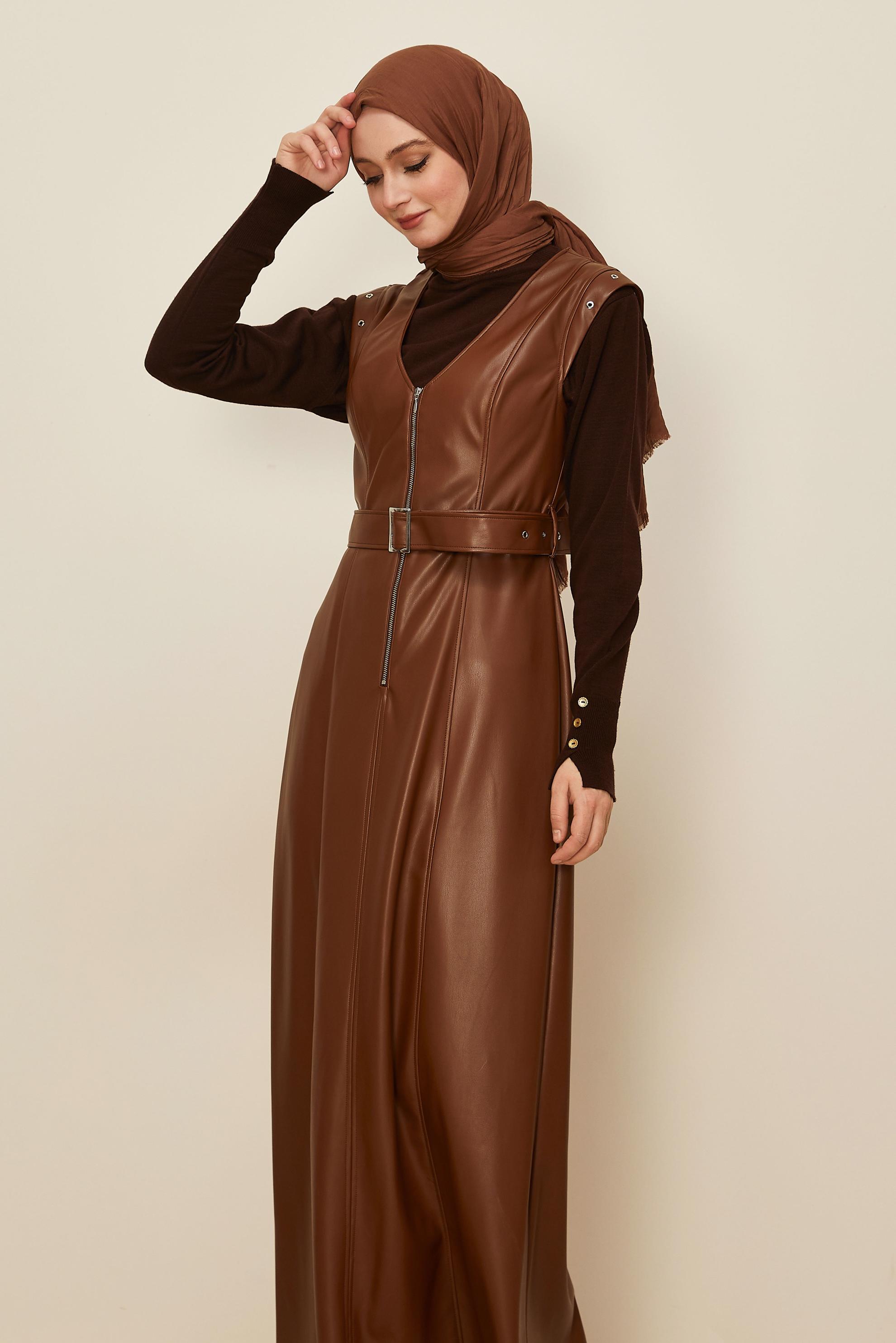 Hijab clothing TABA BELTED FAUX-LEATHER PINAFORE DRESS 46083