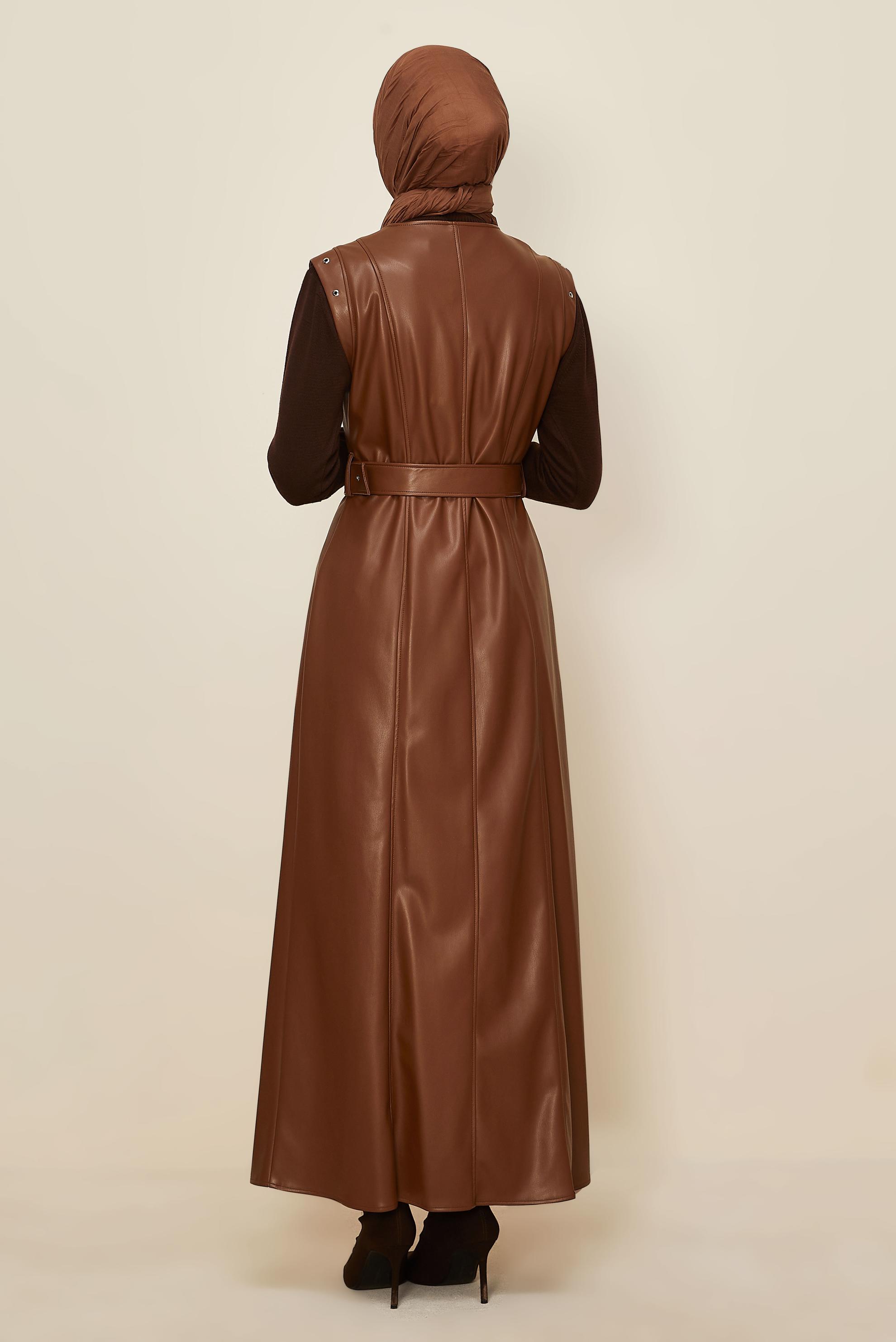 Hijab clothing TABA BELTED FAUX-LEATHER PINAFORE DRESS 46083