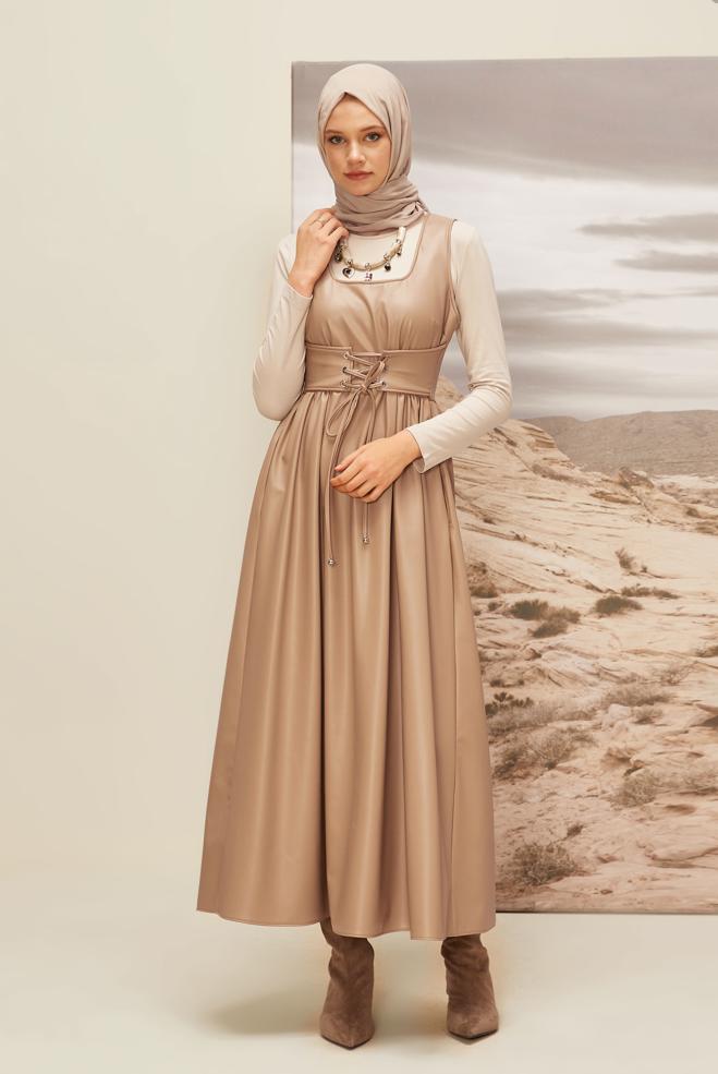 Vêtements hijab BEIGE ROBE CHASUBLE EN SIMILICUIR 46092 - ALVİNA