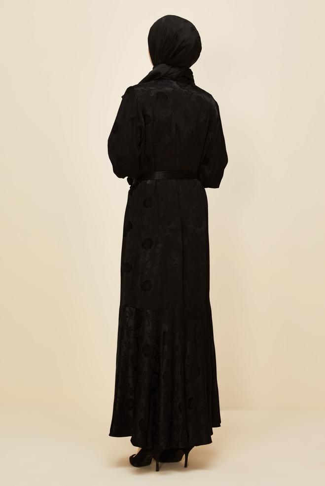 Vêtements hijab NOIR ROBE JACQUARD CEINTURÉE 46106 - ALVİNA