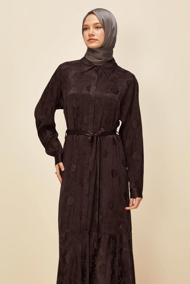 Vêtements hijab BRUN ROBE JACQUARD CEINTURÉE 46106 - ALVİNA