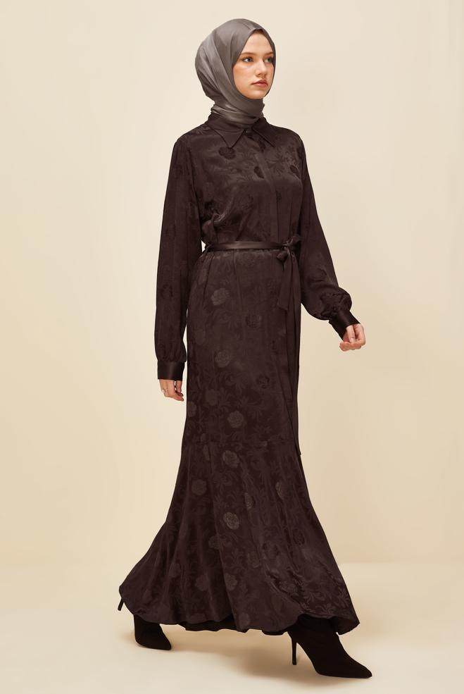 Vêtements hijab BRUN ROBE JACQUARD CEINTURÉE 46106 - ALVİNA