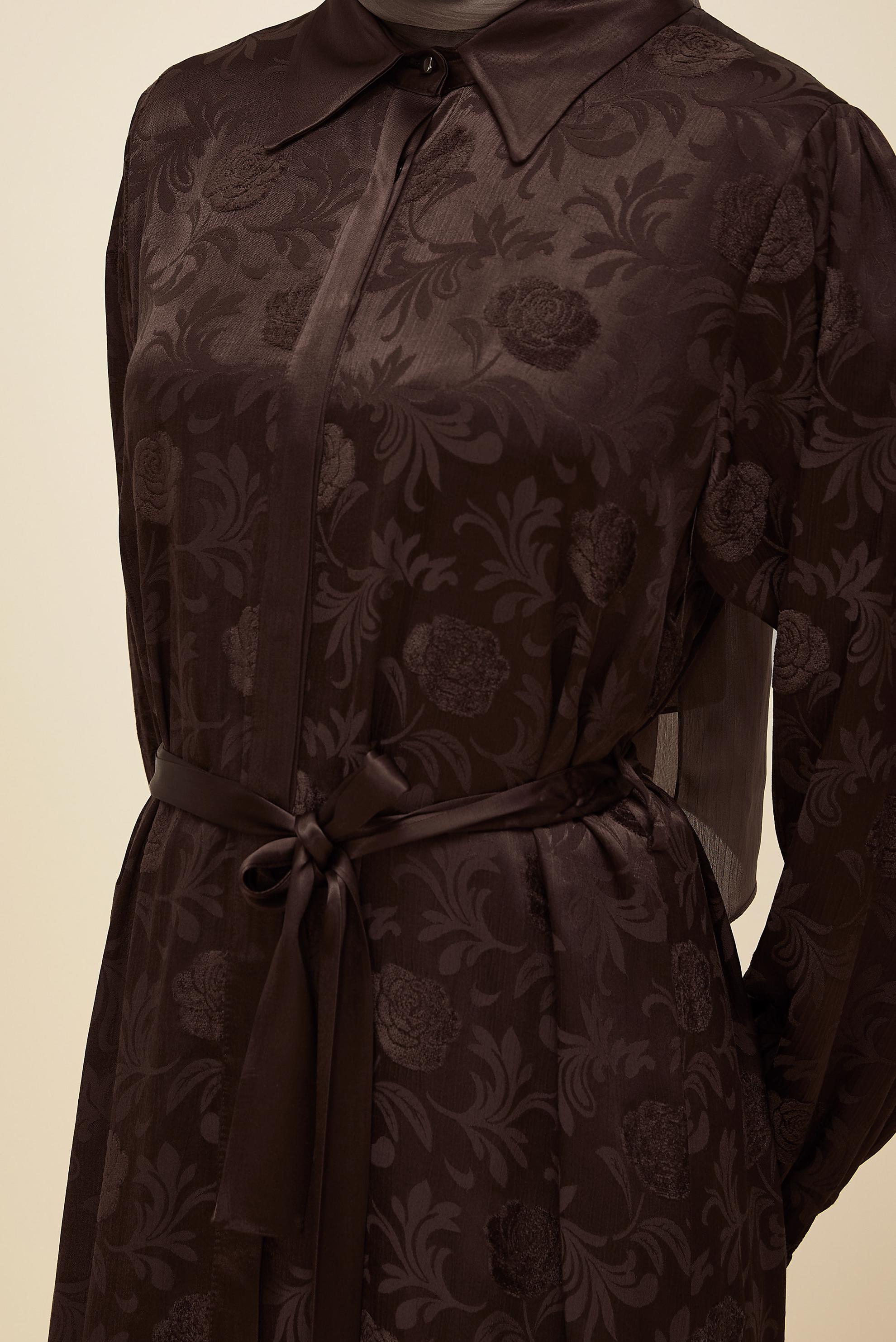 Tesettür giyim KAHVE KUŞAKLI JAKAR ELBİSE 46106