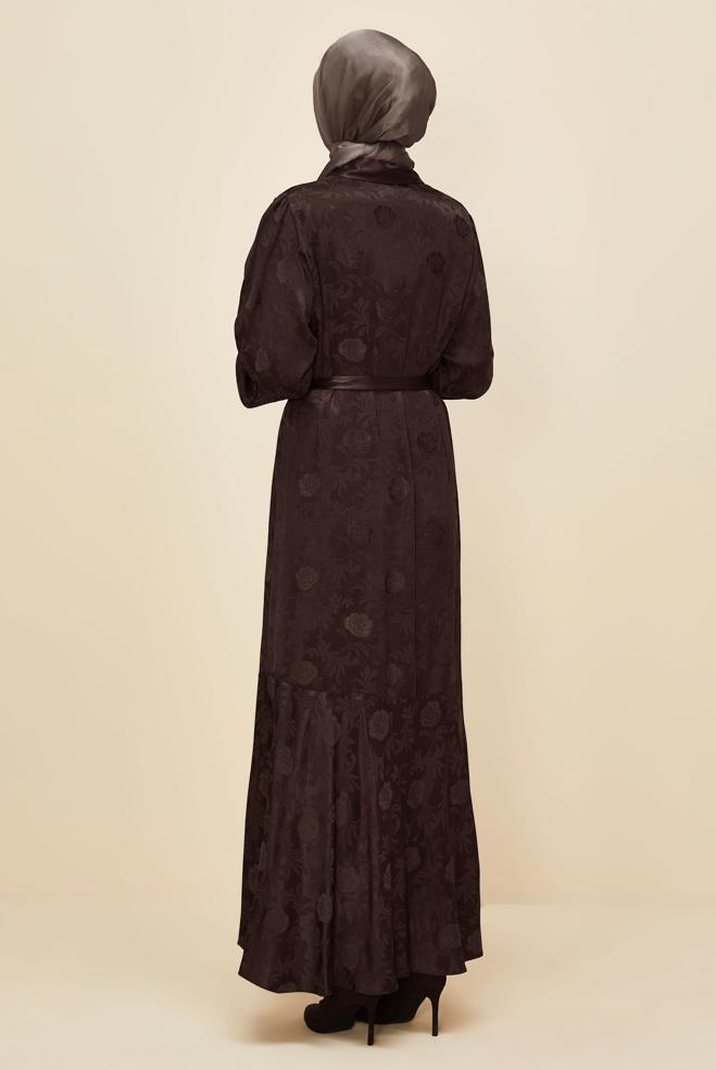 Vêtements hijab BRUN ROBE JACQUARD CEINTURÉE 46106 - ALVİNA