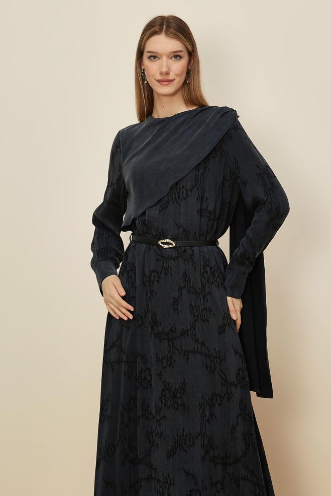 Hijab clothing BLACK SHAWL DETAILED DRESS 46112 - ALVİNA