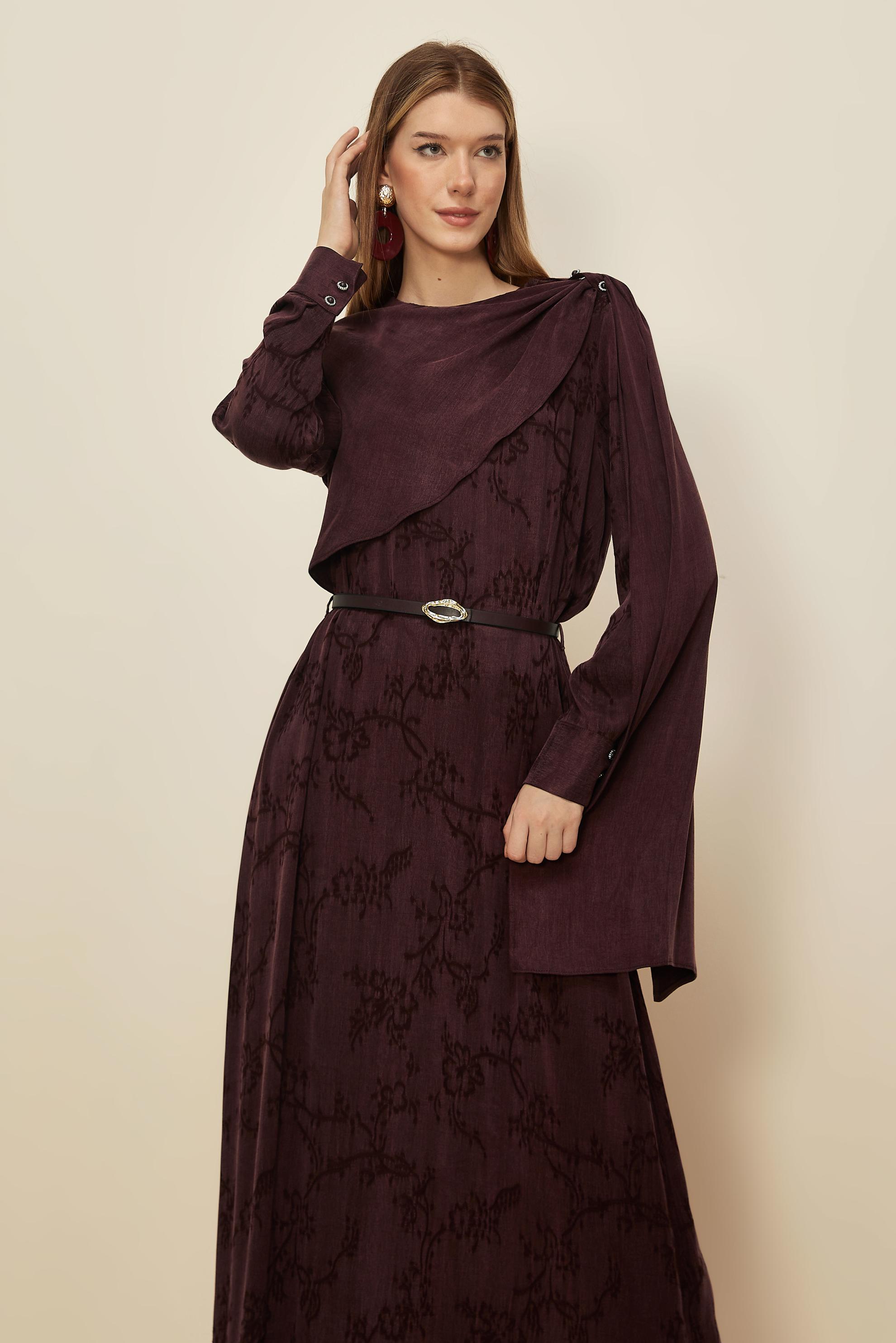 Hijab clothing CLARET RED SHAWL DETAILED DRESS 46112
