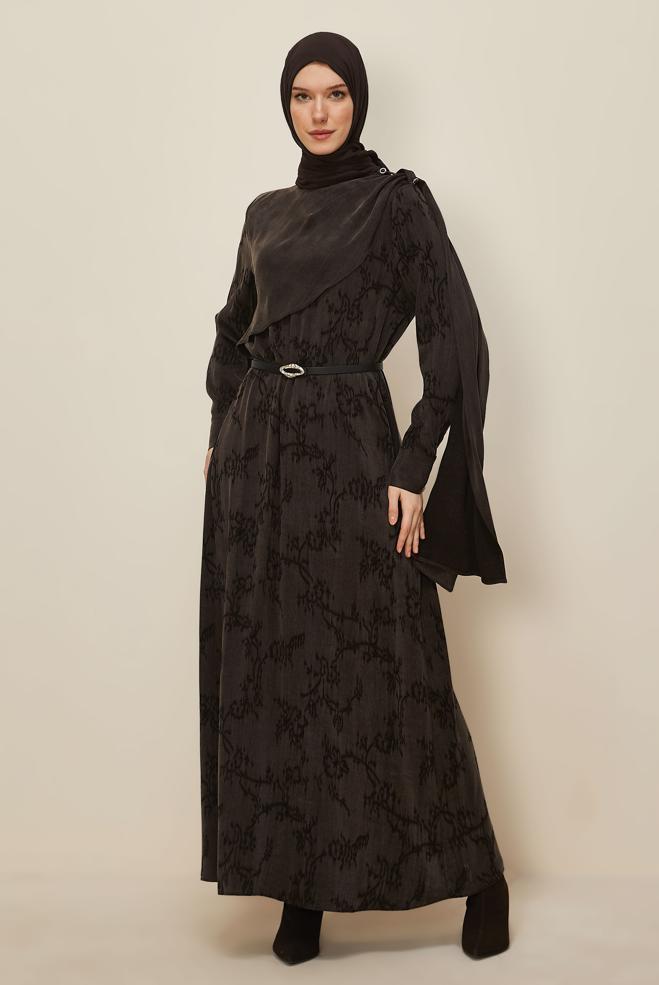 Hijab clothing BROWN SHAWL DETAILED DRESS 46112 - ALVİNA