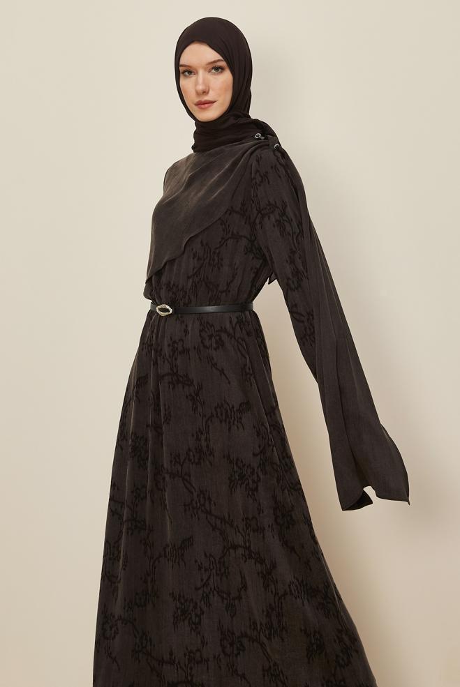 Hijab clothing BROWN SHAWL DETAILED DRESS 46112 - ALVİNA