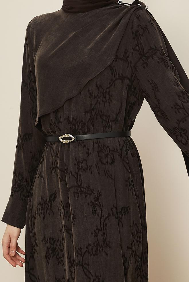 Hijab clothing BROWN SHAWL DETAILED DRESS 46112 - ALVİNA