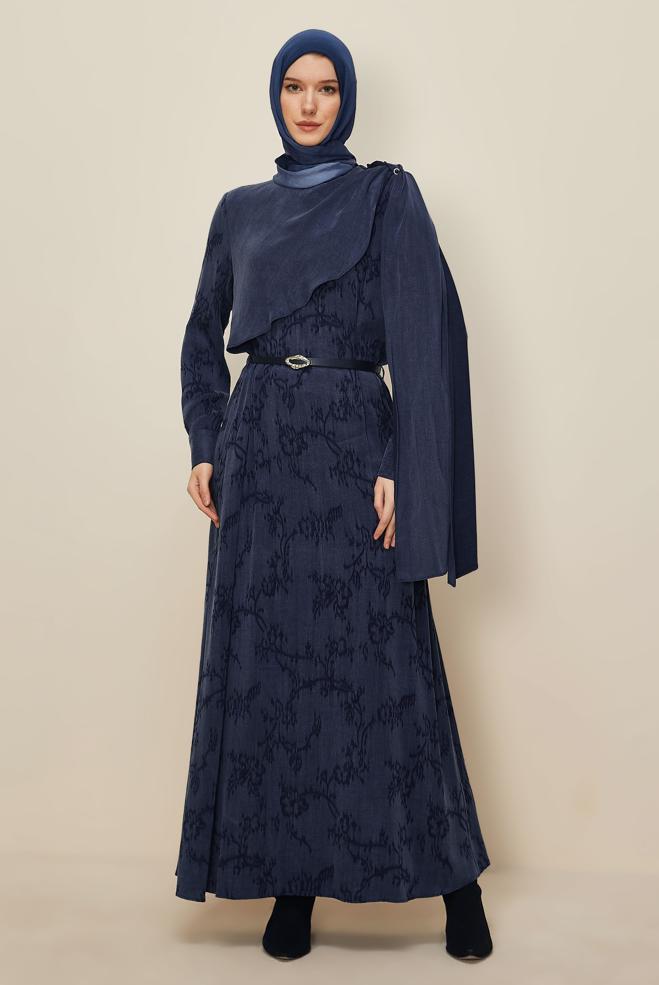 Hijab clothing NAVY BLUE SHAWL DETAILED DRESS 46112 - ALVİNA