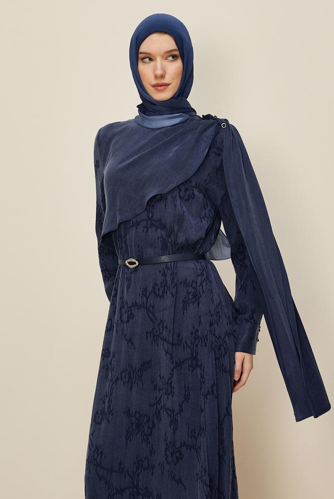 Hijab clothing NAVY BLUE SHAWL DETAILED DRESS 46112 - ALVİNA