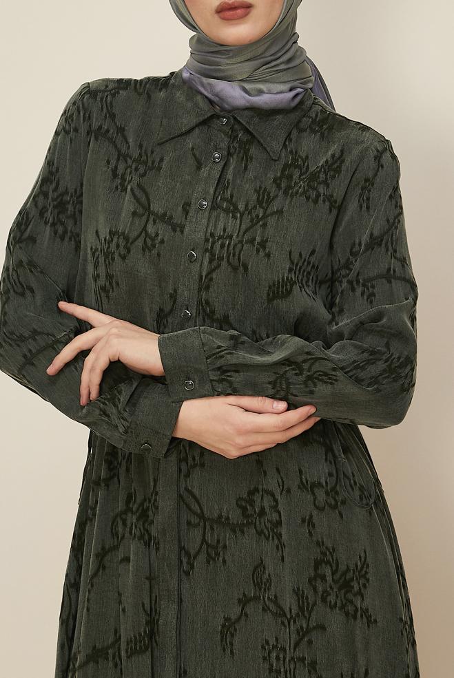 Tesettür giyim HAKİ BELDEN BAĞCIKLI ELBİSE 46121 - ALVİNA