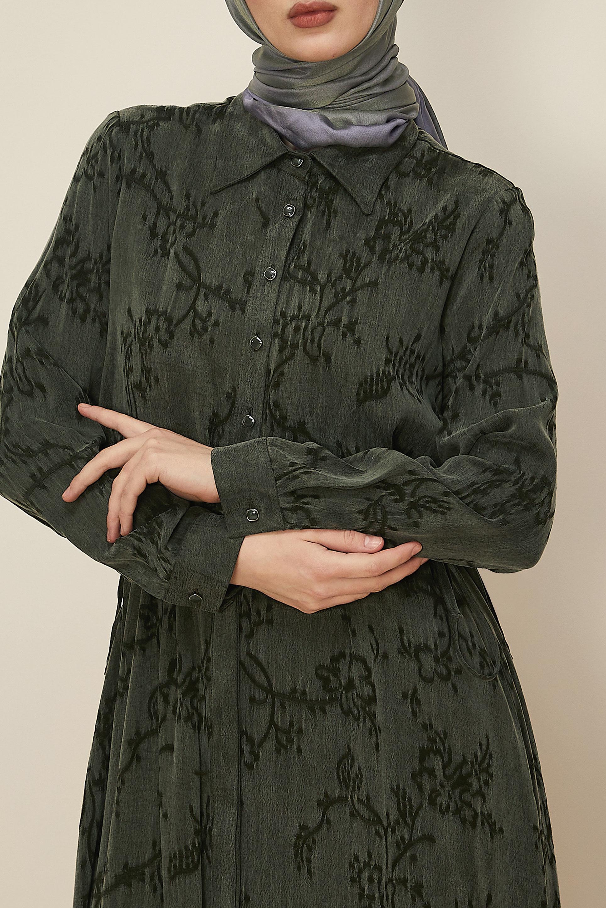 Tesettür giyim HAKİ BELDEN BAĞCIKLI ELBİSE 46121