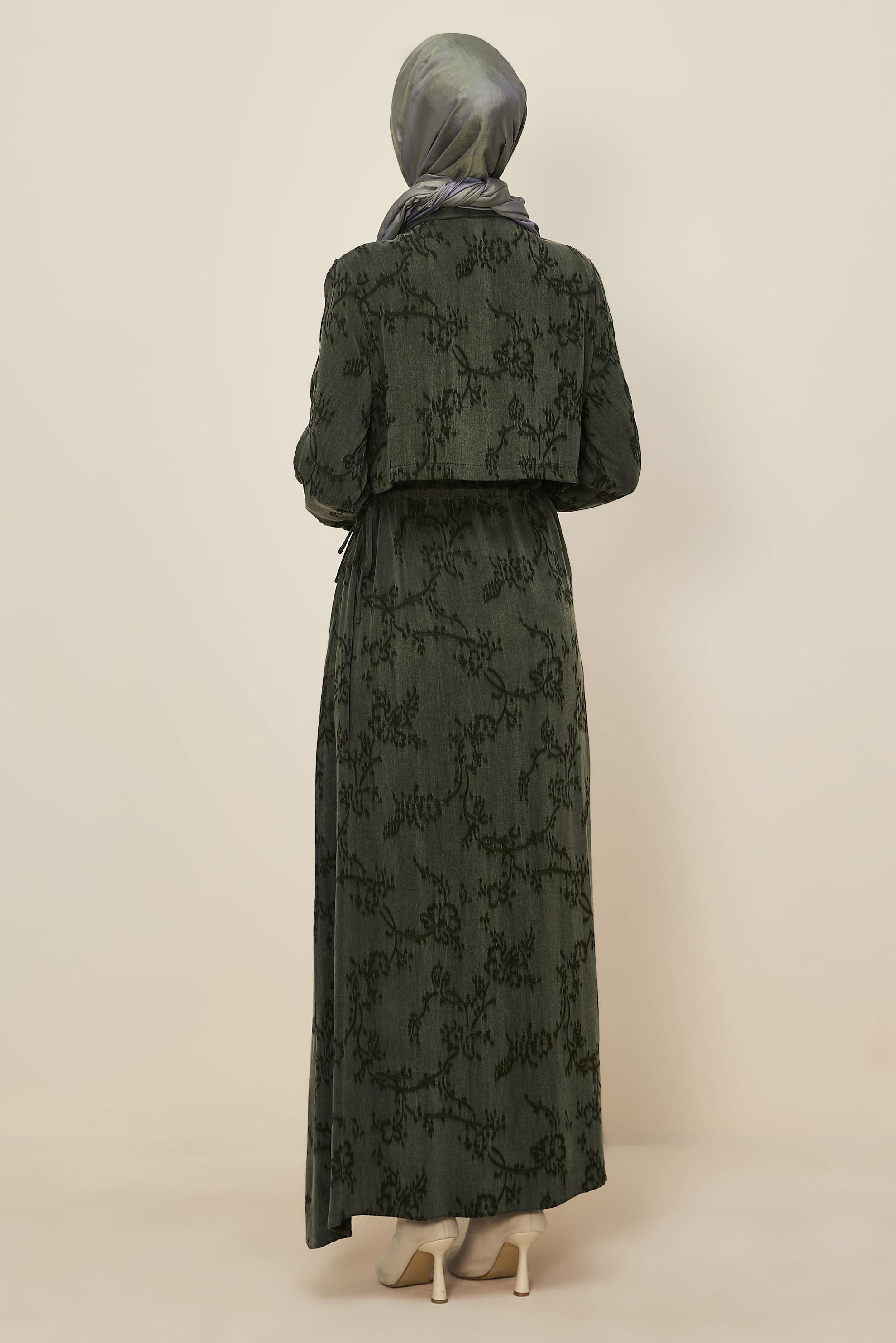 Tesettür giyim HAKİ BELDEN BAĞCIKLI ELBİSE 46121