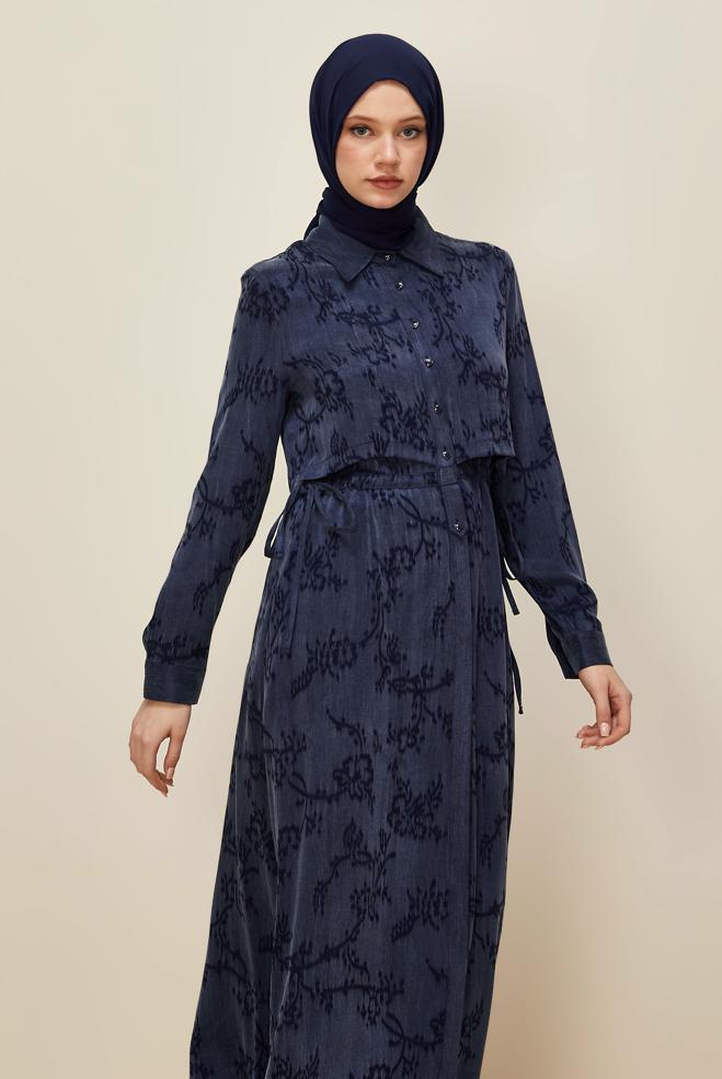 Hijab clothing NAVY BLUE TIED WAIST DRESS 46121 - ALVİNA
