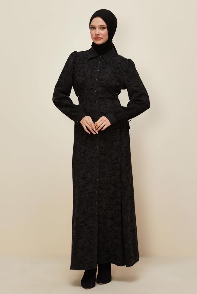 Hijab clothing BLACK SHIRT COLLAR JACQUARD DRESS 46122 - ALVİNA