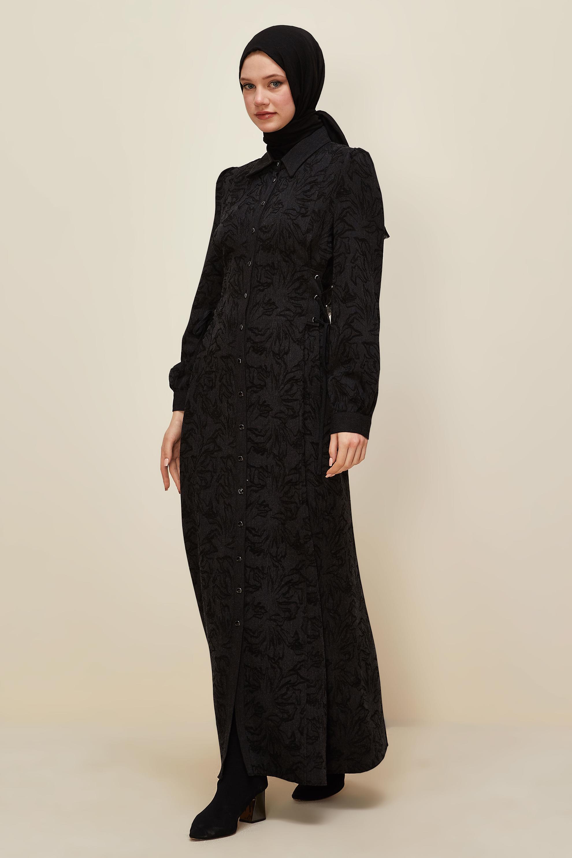 Tesettür giyim SİYAH GÖMLEK YAKA JAKAR ELBİSE 46122