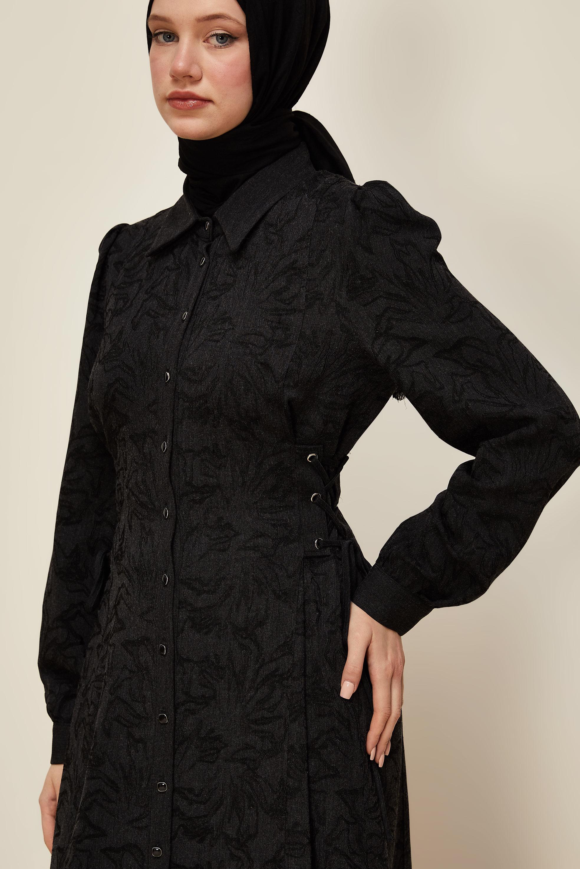 Tesettür giyim SİYAH GÖMLEK YAKA JAKAR ELBİSE 46122