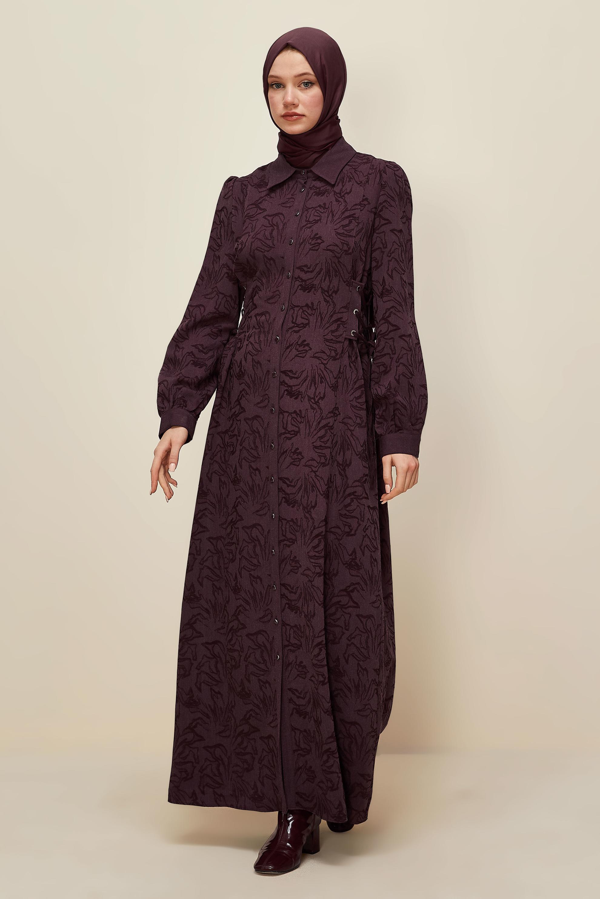 Tesettür giyim BORDO GÖMLEK YAKA JAKAR ELBİSE 46122