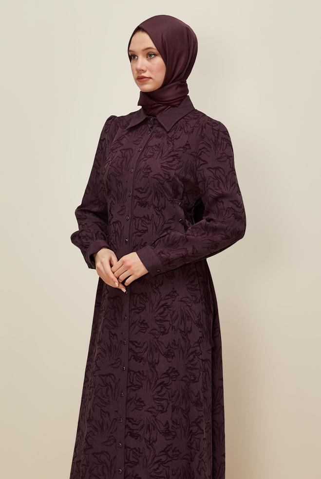 Hijab clothing CLARET RED SHIRT COLLAR JACQUARD DRESS 46122 - ALVİNA