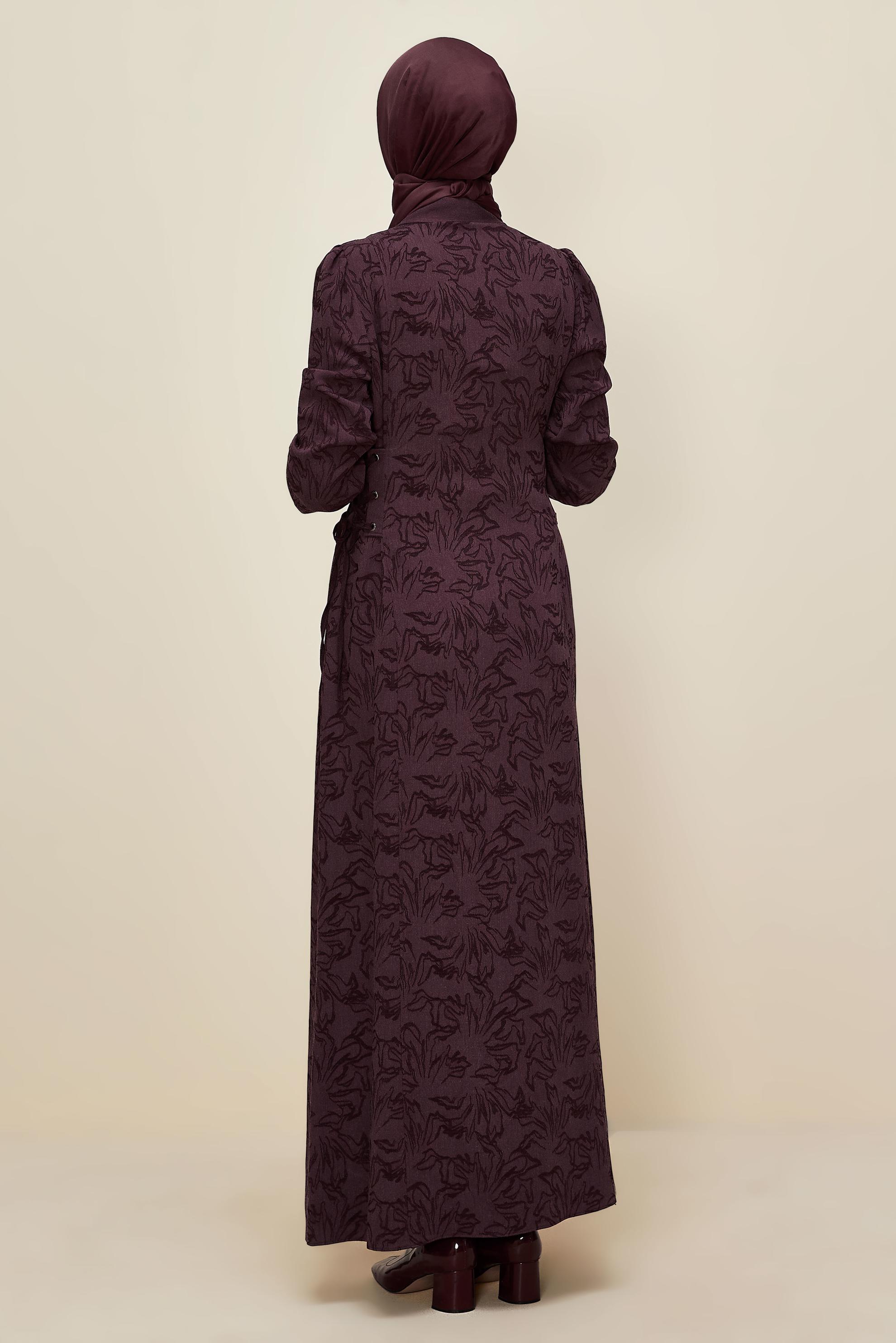 Tesettür giyim BORDO GÖMLEK YAKA JAKAR ELBİSE 46122