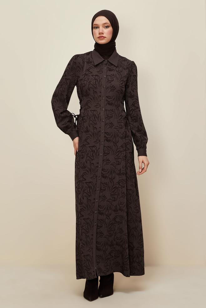 Hijab clothing BROWN SHIRT COLLAR JACQUARD DRESS 46122 - ALVİNA