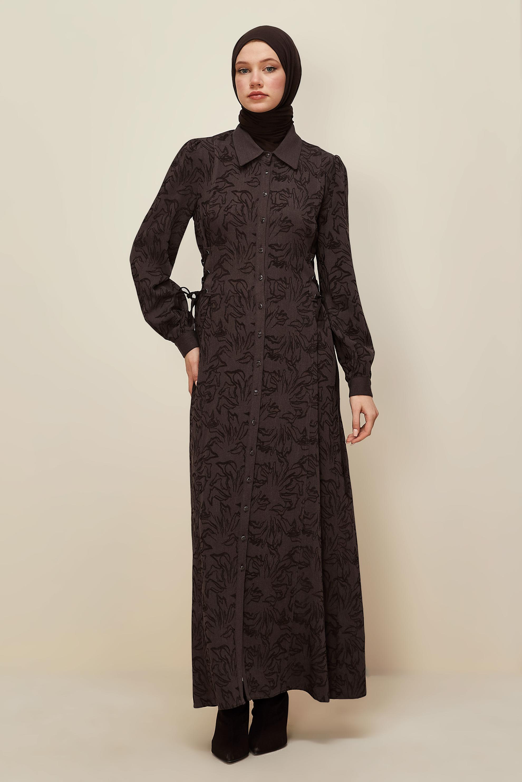 Tesettür giyim KAHVE GÖMLEK YAKA JAKAR ELBİSE 46122