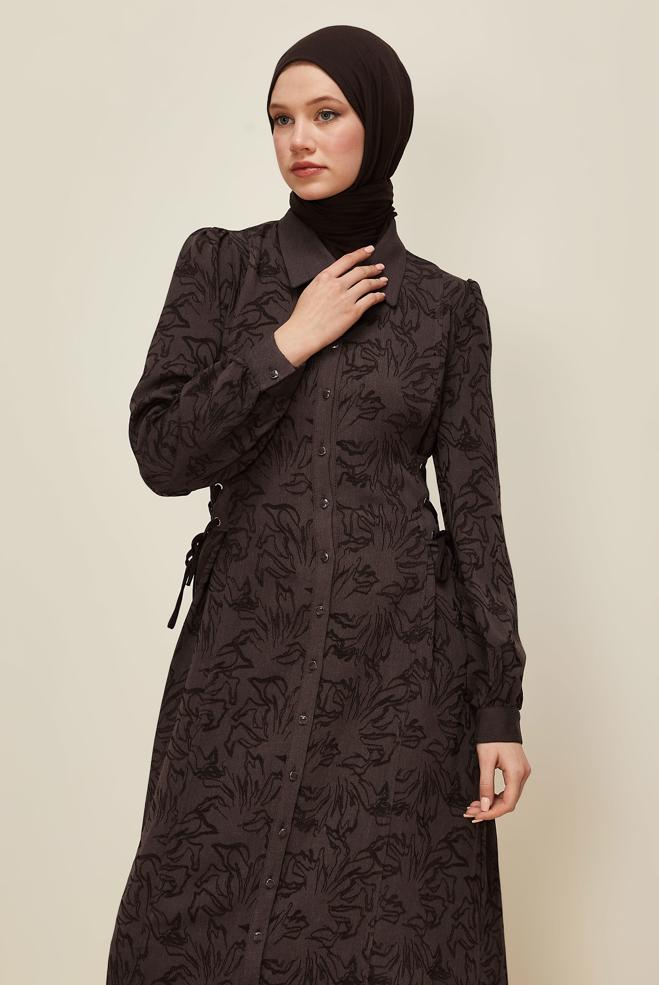 Hijab clothing BROWN SHIRT COLLAR JACQUARD DRESS 46122 - ALVİNA