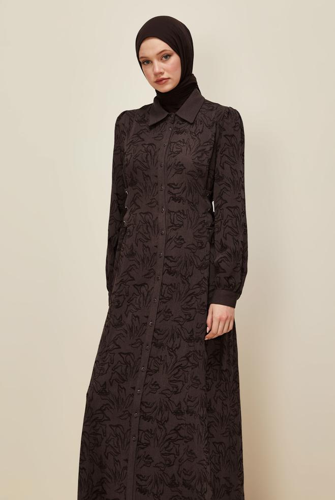 Hijab clothing BROWN SHIRT COLLAR JACQUARD DRESS 46122 - ALVİNA